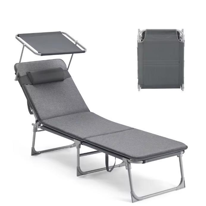 Opvouwbare Tuinligstoel Hoofdsteun &amp; Zonnescherm, Tuin en Terras, Tuinstoelen, Nieuw, Verzenden