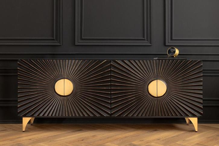 Massief dressoir SOLARIS 180 cm zwartgoud mangohout, Huis en Inrichting, Kasten | Dressoirs, Ophalen of Verzenden