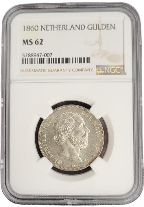 Koning Willem III 1 Gulden 1860 MS62 NGC gecertificeerd, Postzegels en Munten, Munten | Nederland, Losse munt, Zilver, Verzenden