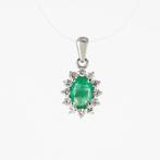 Hanger - 14 karaat Witgoud Diamant (Natuurlijk) - Smaragd