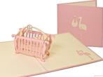 Roze wiegje met baby pop-up geboortekaart meisje, Diversen, Wenskaarten, Nieuw, Verzenden