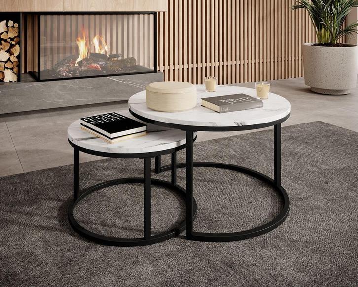 Salontafel rond wit/zwart/grijs/eiken 70 en 50cm | Set van 2, Huis en Inrichting, Tafels | Salontafels, 50 tot 100 cm, Rond, Nieuw