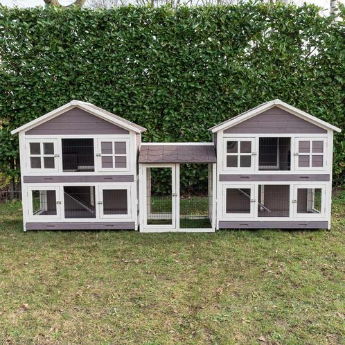 Konijnenhok Sissi Duo met ren Wit/Taupe Dennenhout Afmeting, Dieren en Toebehoren, Knaagdieren en Konijnen | Hokken en Kooien
