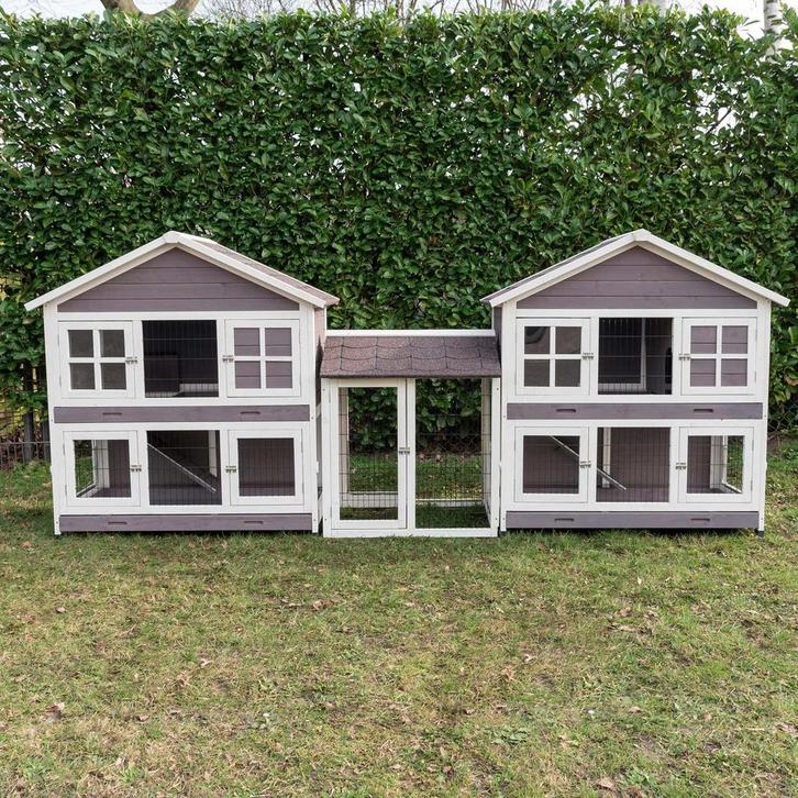 Konijnenhok Sissi Duo met ren Wit/Taupe Dennenhout Afmeting, Dieren en Toebehoren, Knaagdieren en Konijnen | Hokken en Kooien