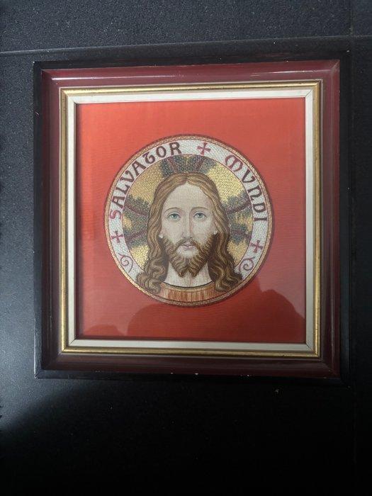 Borduurwerk in kader - Jezus - Salvator Mundi - 29 x 29 cm -, Antiek en Kunst, Antiek | Boeken en Bijbels