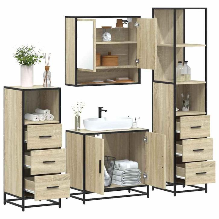 vidaXL 4-delige Badkamermeubelset bewerkt hout sonoma, Huis en Inrichting, Badkamer | Badkamermeubels, Nieuw, Verzenden