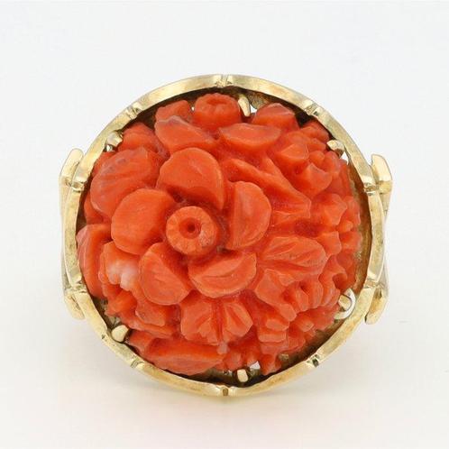 Ring - 18 karaat Geel goud Bloedkoraal, Sieraden, Tassen en Uiterlijk, Ringen