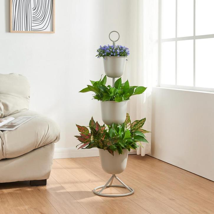 Plantenstandaard Alphen 3 bloempotten 110x28 cm lichtgrijs [, Tuin en Terras, Bloembakken en Plantenbakken, Verzenden