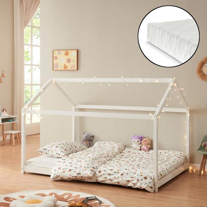 [en.casa] Kinderbed Cerro huisbed met matras 140x200 cm wit, Kinderen en Baby's, Kinderkamer | Bedden, Verzenden