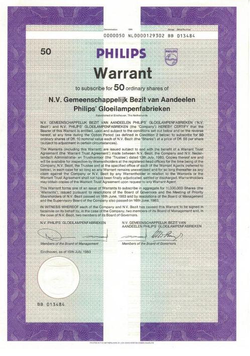 Philips warrant voor 5, 20, 50, 100 of 1000 aandelen, 1983/4, Postzegels en Munten, Aandelen en Waardepapieren, Overige typen