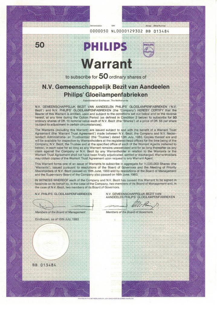 Philips warrant voor 5, 20, 50, 100 of 1000 aandelen, 1983/4, Postzegels en Munten, Aandelen en Waardepapieren, Overige typen