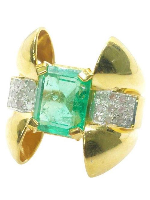 Zonder Minimumprijs - Ring - 9 kt. Geel goud, Zilver Smaragd, Sieraden, Tassen en Uiterlijk, Ringen