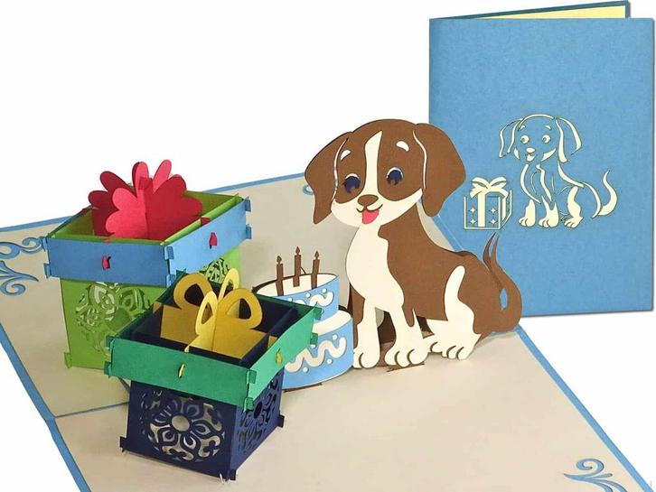 Vrolijk hondje met taart en cadeautjes pop-up kaart, Diversen, Wenskaarten, Verzenden
