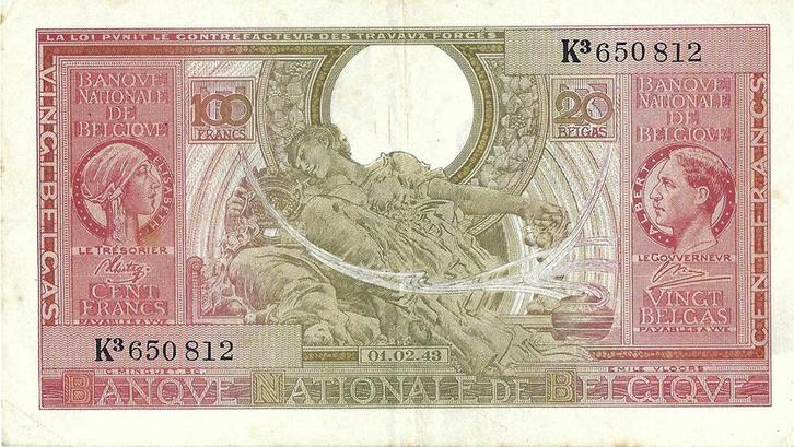 Bankbiljet 100 francs - 20 Belgas 1944 - 1947 Zeer Fraai, Postzegels en Munten, Munten en Bankbiljetten | Verzamelingen, Verzenden