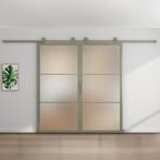 Dubbele stalen schuifdeur - 3 Vlaks - Olijfgroen - Mat glas, Doe-het-zelf en Verbouw, Kozijnen en Schuifpuien, 75 tot 150 cm, Nieuw