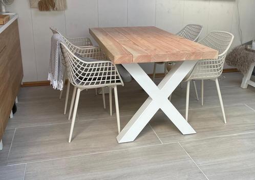 Tuintafel stalen x-poten wit, Tuin en Terras, Tuintafels, Nieuw, Hout, Rechthoekig, Ophalen of Verzenden