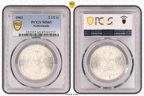 Koningin Juliana zilveren 2 1/2 gulden 1961 MS65 PCGS, Postzegels en Munten, Munten | Nederland, Losse munt, Zilver, Verzenden