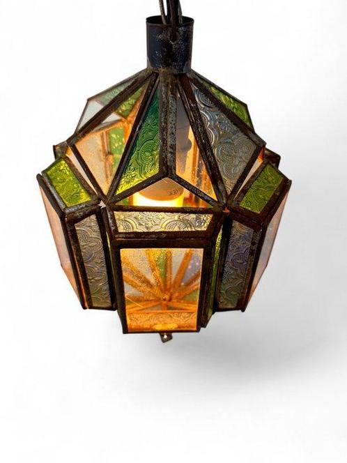 Hexagonal Stained glass lamp - Plafondlamp - Glas, Metaal, Antiek en Kunst, Curiosa en Brocante