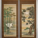 Een paar kraanvogels met dennen en bamboe - Met handtekening