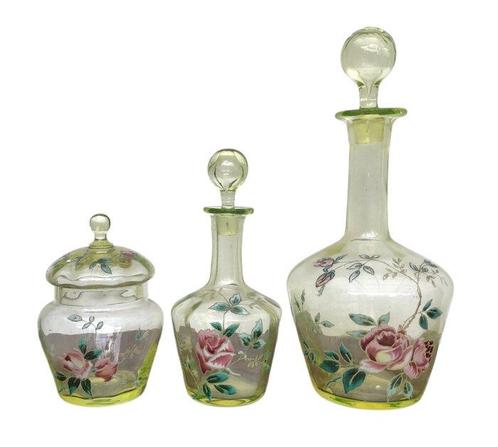 Art Nouveau Toiletset - geëmailleerde uraniumpijp - Ouraline, Antiek en Kunst, Antiek | Glas en Kristal