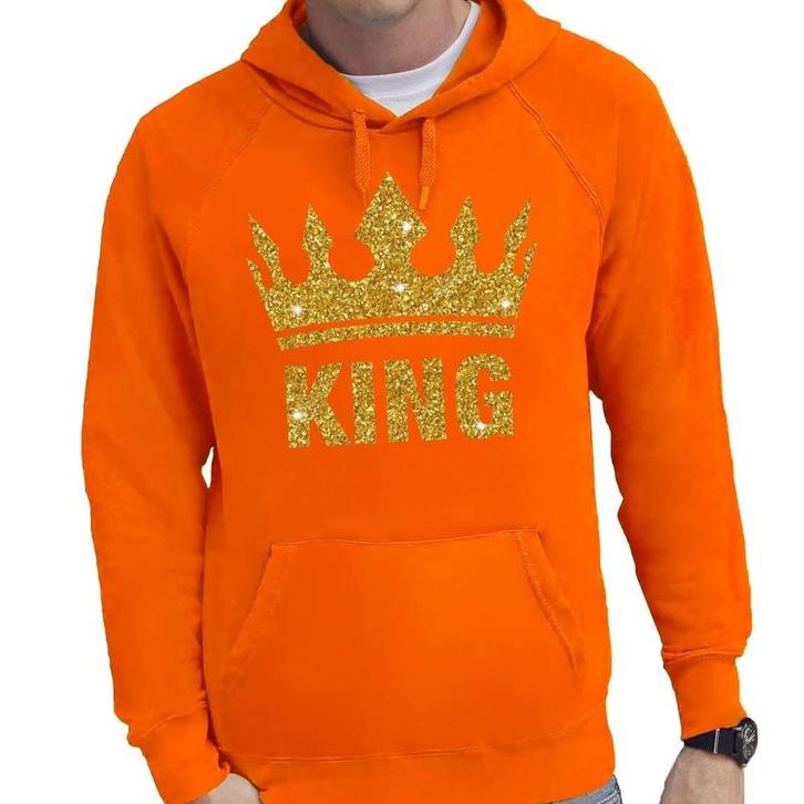 Oranje King gouden glitter kroon hoodie heren - Koningsdag.., Hobby en Vrije tijd, Feestartikelen, Ophalen of Verzenden