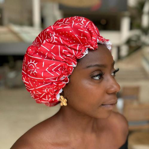 Rode mud / bogolan Satijnen Slaapmuts / Haar bonnet van Sati, Sieraden, Tassen en Uiterlijk, Uiterlijk | Haarverzorging, Nieuw