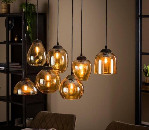 Hanglamp Gold Amber Glas - Dimbaar - Industriele Hanglamp, Huis en Inrichting, Lampen | Hanglampen, Nieuw, Glas, Kunststof, Metaal