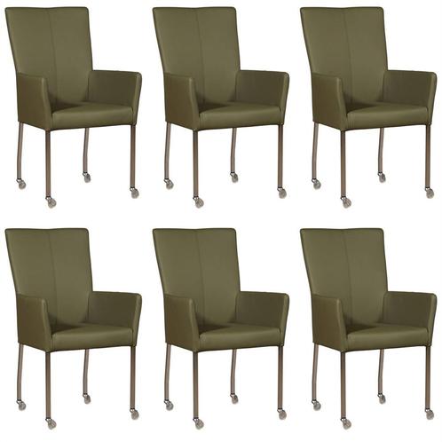 Set van 6 Olijfgroene leren moderne eetkamerstoelen - met ar, Huis en Inrichting, Stoelen, Vijf, Zes of meer stoelen, Overige kleuren