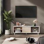 Modern TV-meubel 140 cm – Wit/Beige met Schuifdeuren en Glas, Verzenden, Nieuw