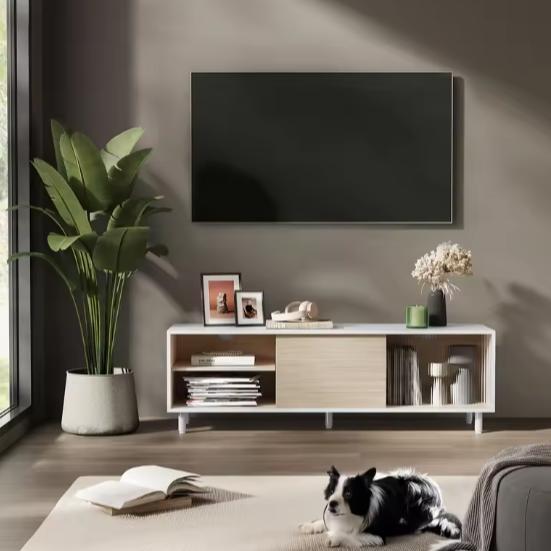 Modern TV-meubel 140 cm – Wit/Beige met Schuifdeuren en Glas, Huis en Inrichting, Kasten | Televisiemeubels, Nieuw, Verzenden