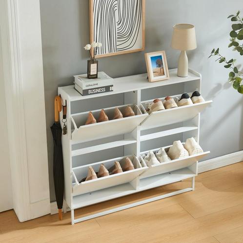 Schoenenkast Ylitornio 91,5x100x19 cm met 4 vouwdeuren wit [, Huis en Inrichting, Kasten | Schoenenkasten, Verzenden