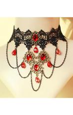 Choker Zwart Kant met Rode Stenen en Kettinkjes Kanten Zwart, Kunststof, Verstelbaar, Zwart, Nieuw