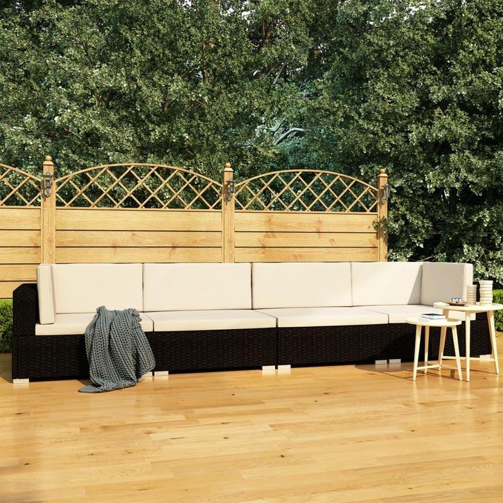 vidaXL 4-delige Loungeset met kussens poly rattan zwart, Tuin en Terras, Tuinsets en Loungesets, Loungeset, Nieuw, 4 zitplaatsen