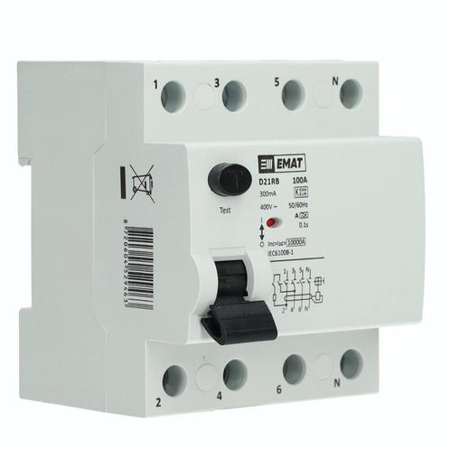 EMAT aardlekschakelaar 4-polig 100A 300mA type A (85002046), Doe-het-zelf en Verbouw, Elektra en Kabels, Verzenden