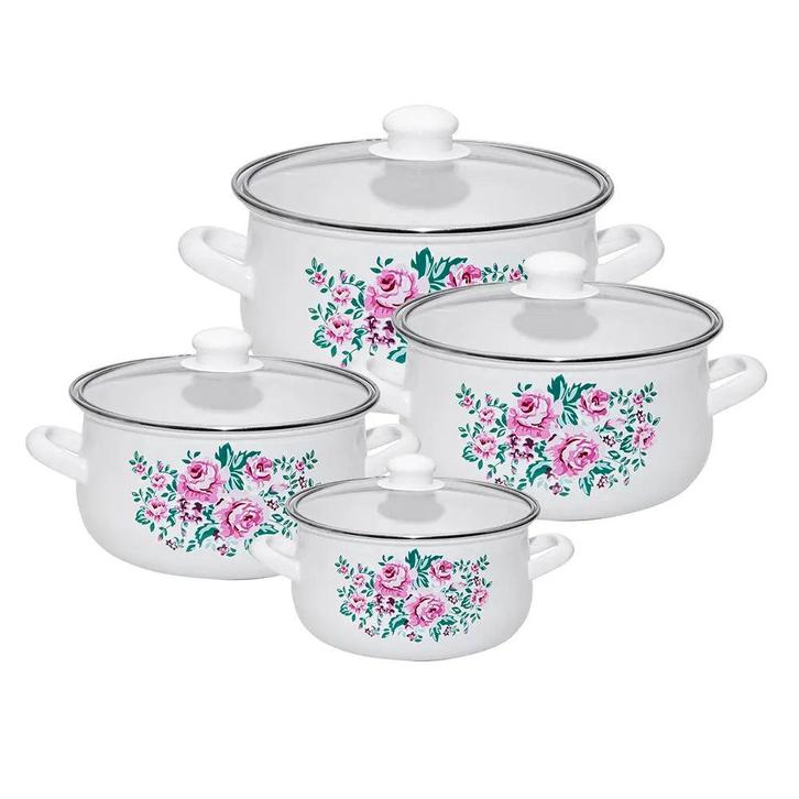 Silesia Klara  vintage wit met bloemen 8 delige emaille, Huis en Inrichting, Keuken | Potten en Pannen, Ophalen of Verzenden