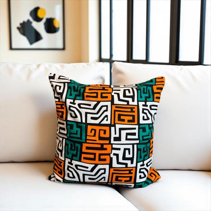 Afrikaans kussen | Zeegroen & Geel-oranje Kuba Blocks - Sier, Huis en Inrichting, Woonaccessoires | Kussens, Nieuw, Ophalen of Verzenden