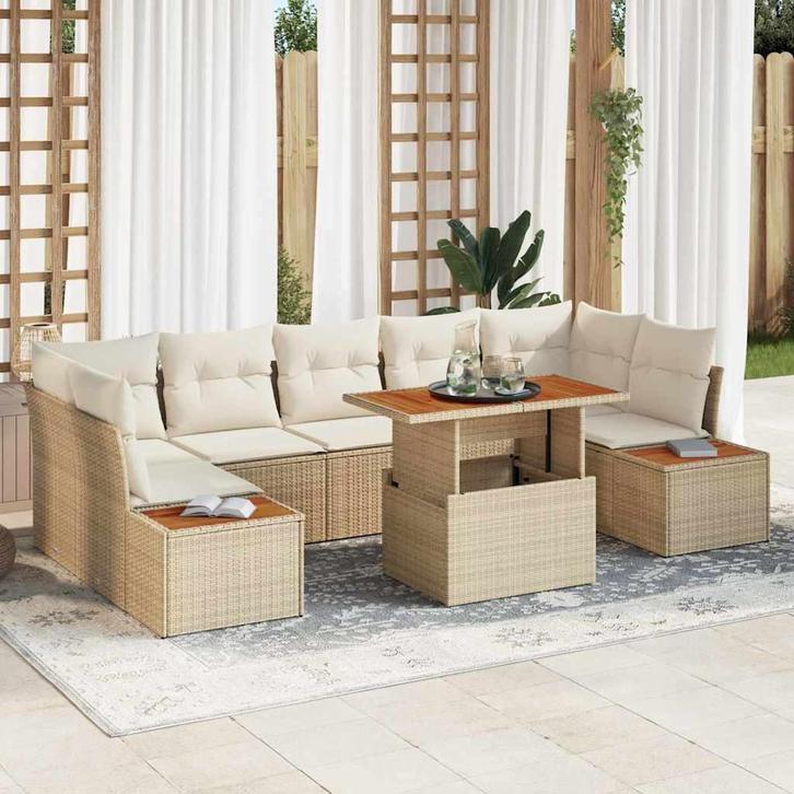 vidaXL Tuin Eetset met kussen 8 pcs Beige en Crème, Tuin en Terras, Tuinsets en Loungesets, Nieuw, Rotan, Verzenden