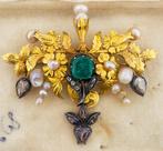 Broche - 18 karaat Geel goud, Zilver Smaragd - Diamant