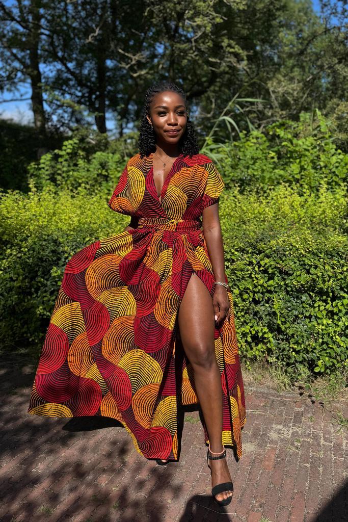 Afrikaanse print Infinity Multiway Maxi Jurk - Rood & Geel C, Kleding | Dames, Rokken, Nieuw, Ophalen of Verzenden