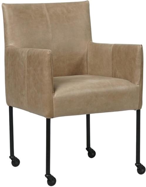 Taupe leren moderne kuipstoel - poot rond zwart met wiel - V, Huis en Inrichting, Stoelen, Eén, Overige kleuren, Nieuw, Leer, Ophalen of Verzenden