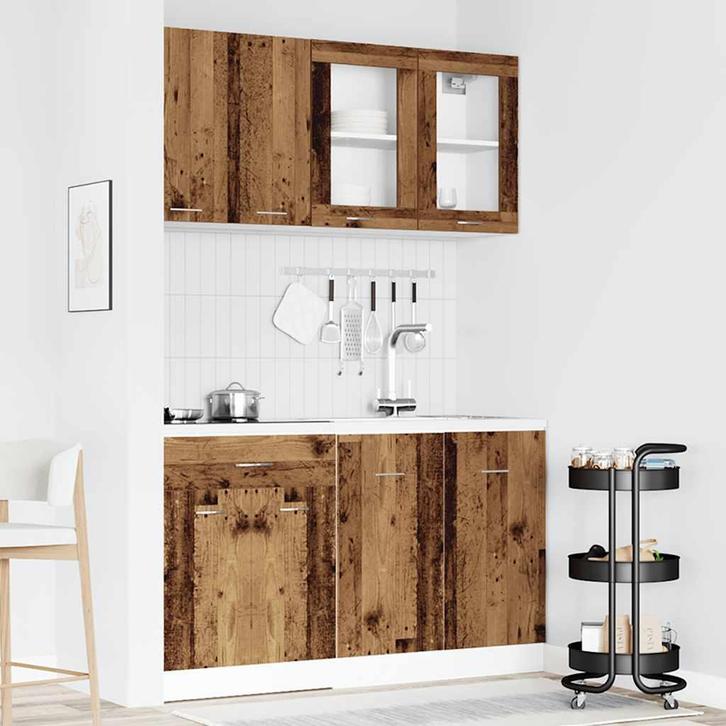 vidaXL 4-delige Keukenkastenset Lyon bewerkt hout oud, Huis en Inrichting, Keuken | Keukenelementen, Bruin, Nieuw, Verzenden