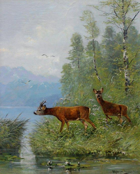 Moritz Müller (1869-1934) - Roebucks at the lake, Antiek en Kunst, Kunst | Schilderijen | Klassiek