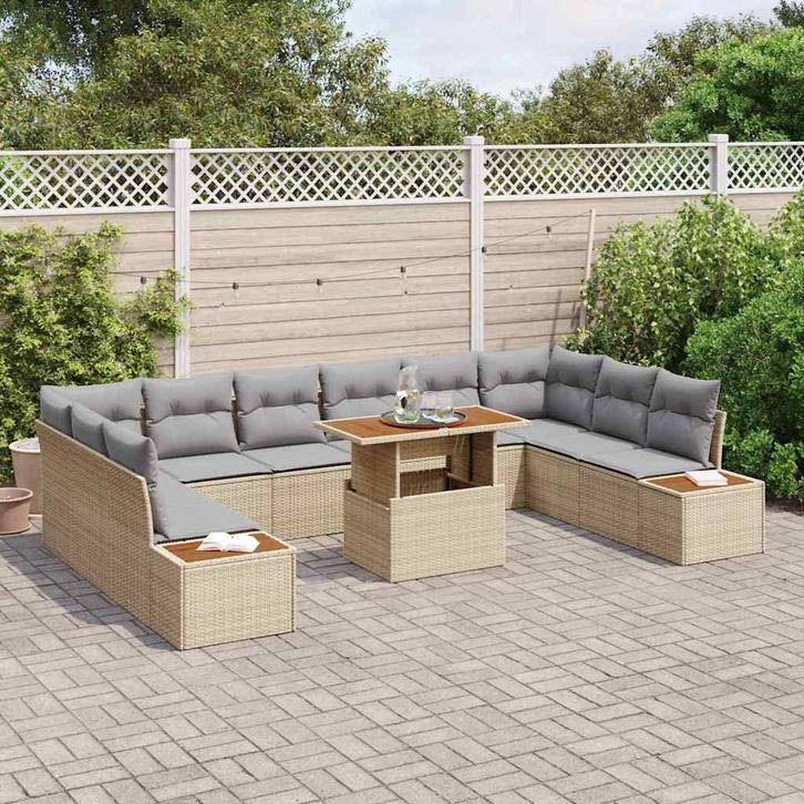 vidaXL Tuin Eetset met kussen met kussen 11 pcs Beige en, Tuin en Terras, Tuinsets en Loungesets, Nieuw, Rotan, Verzenden