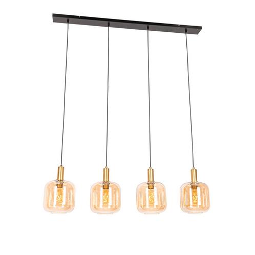 Smart hanglamp zwart met messing en amber glas 4-lichts, Huis en Inrichting, Lampen | Hanglampen, Nieuw, Glas, 75 cm of meer