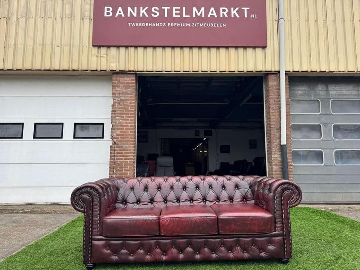 Bankstel CHESTERFIELD 3 zit bank oxblood rood leer, Huis en Inrichting, Banken | Bankstellen, Rechte bank, Zo goed als nieuw, Hout