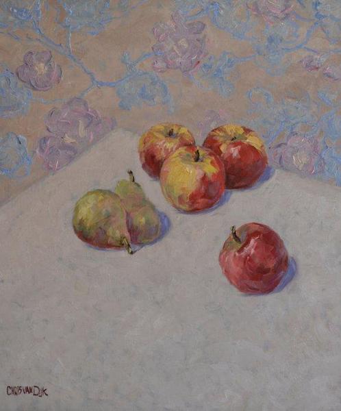 Chris van Dijk (1952) -  Quatre pommes et deux poire, Antiek en Kunst, Kunst | Schilderijen | Klassiek