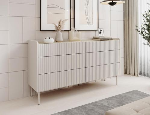 Meubella | Ladekast beige 153 cm | Dressoir metalen poten, Huis en Inrichting, Kasten | Ladekasten, 25 tot 50 cm, Nieuw, 150 tot 200 cm