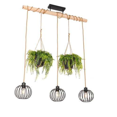 Landelijke hanglamp zwart met hout 3-lichts - Yura, Huis en Inrichting, Lampen | Hanglampen, Nieuw, Overige materialen, 75 cm of meer
