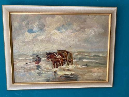 A. v.d. Heijden (XX) - Schelpenvisser met paard en wagen, Antiek en Kunst, Kunst | Schilderijen | Klassiek