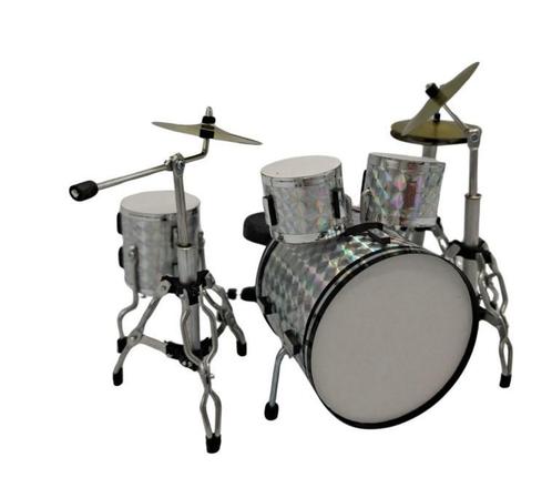 Baby mini  drumstel zilver 10 cm hoog - schaal ca. 1:10, Verzamelen, Muziek, Artiesten en Beroemdheden, Pop, Beeldje of Miniatuur